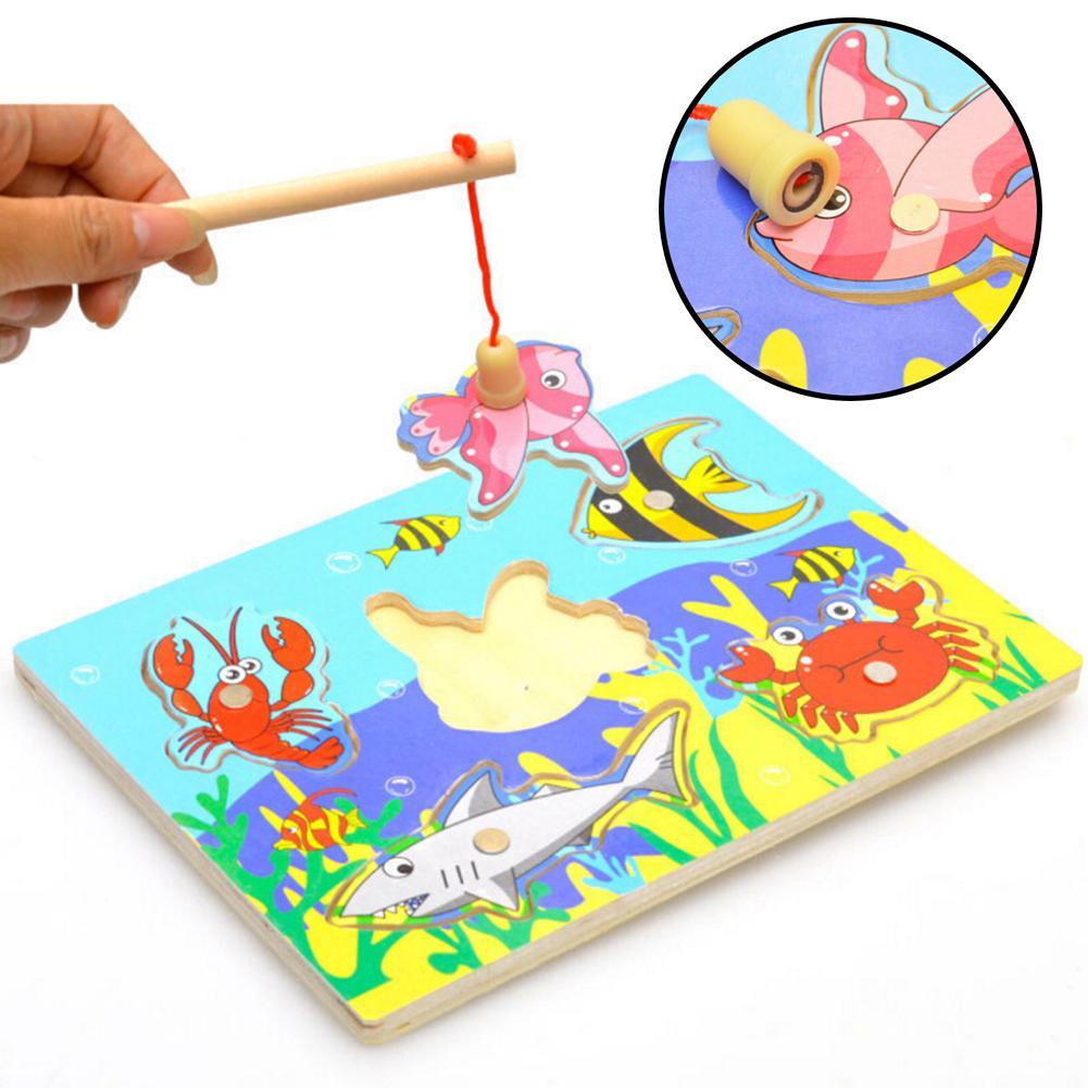 Wooden Magnetic Ocean Fishing Toy Game & Jigsaw Puzzle Board Juguetes Fish Magnet Toy Educational Outdoor Fun For Child Gift-ebowsos