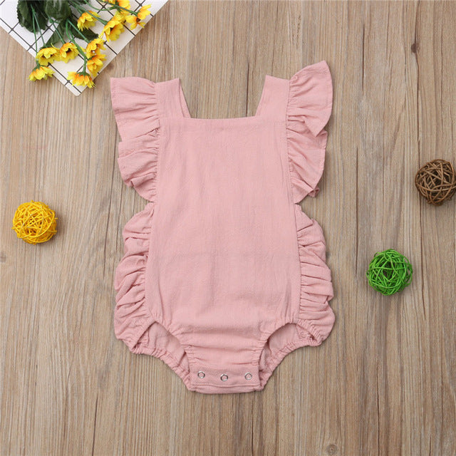 Solid Color Newborn Baby Girl Ruffled Sleeveless Backless Romper Jumpsuit Outfit Sunsuit - ebowsos