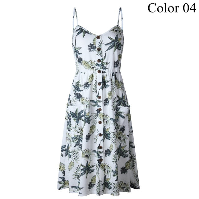 Summer Women Fashion Button Decorated Print Dress Off-shoulder Party Beach Sundress Boho Spaghetti Long Dresses - ebowsos