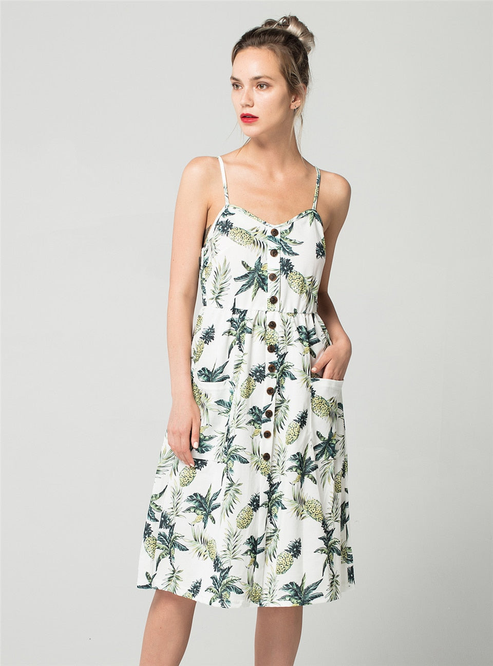 Summer 2019 Women Button Decorated Print Dress Off-shoulder Party Beach Sundress Boho Spaghetti Long Dresses - ebowsos