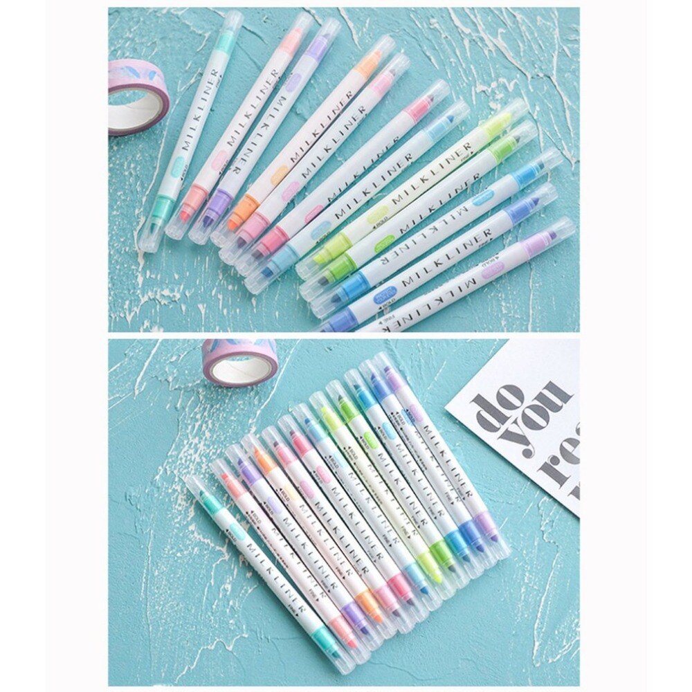 12pcs/set Highlighter Pens Stationery Mild Liner Double Headed Fluorescent Pen 12 Colors Mark Pen Cute - ebowsos