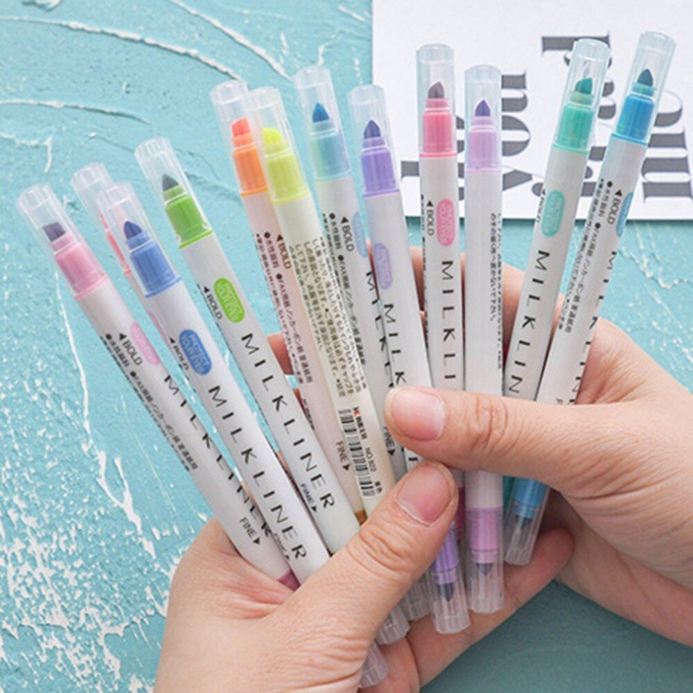 12pcs/set Highlighter Pens Stationery Mild Liner Double Headed Fluorescent Pen 12 Colors Mark Pen Cute - ebowsos