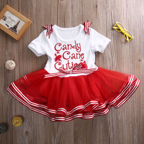 sweet toddler Baby Kid Girl Dresses Candy Cane print Christmas Short Sleeve tutu Party Tulle Christmas red Dresses for girls - ebowsos
